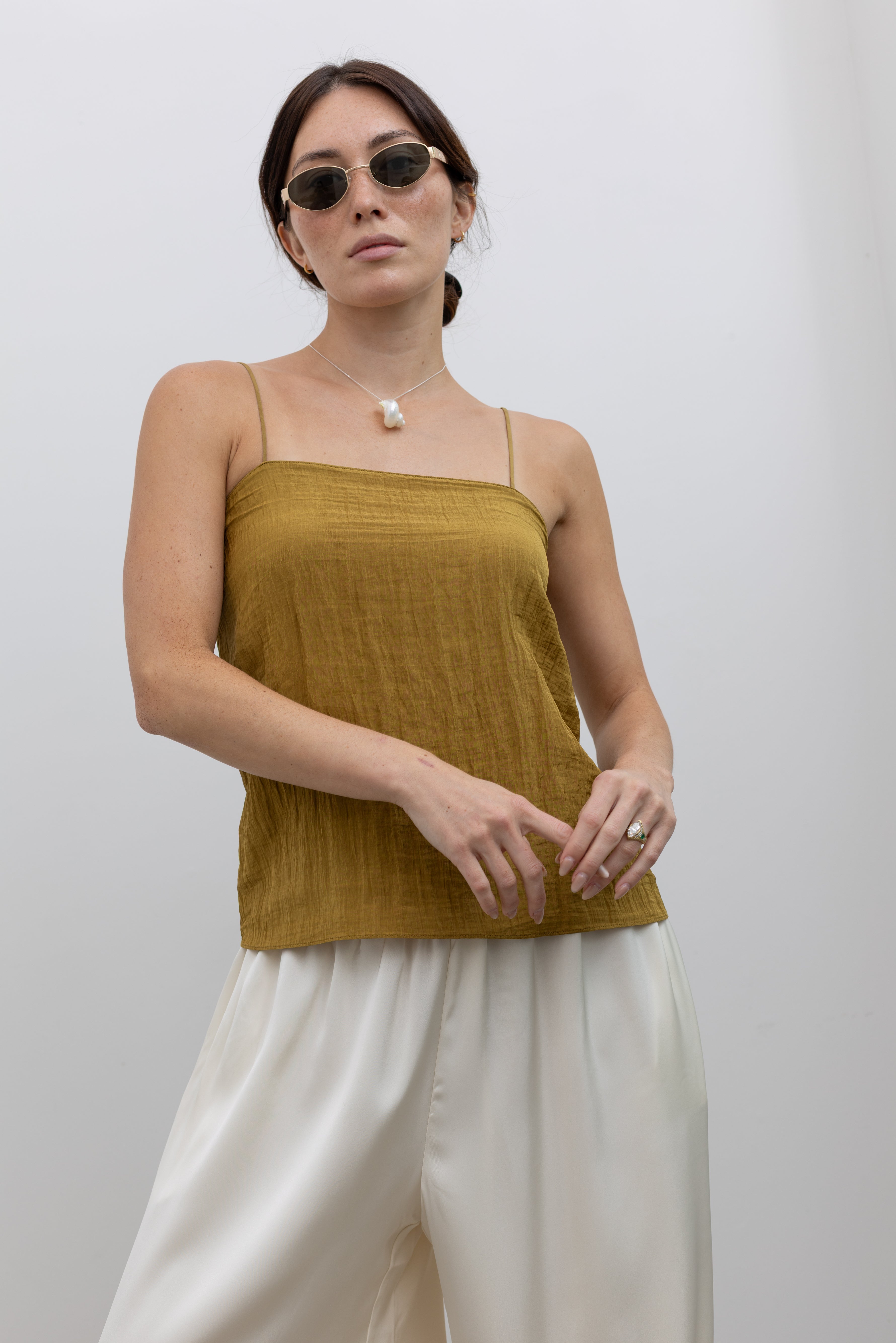 Tibi marbleized crinkle slip cami with adjustable straps and fluid silhouette at Alas Eius