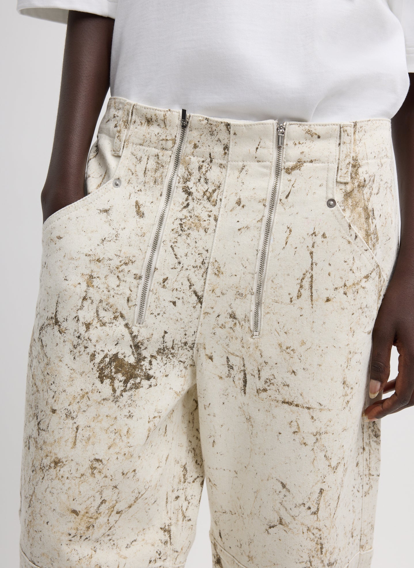 Tibi Wide Leg Denim Pants in Calcimin Wash with Double Zip Closure and Modern Minimalist Style at Alas Eius