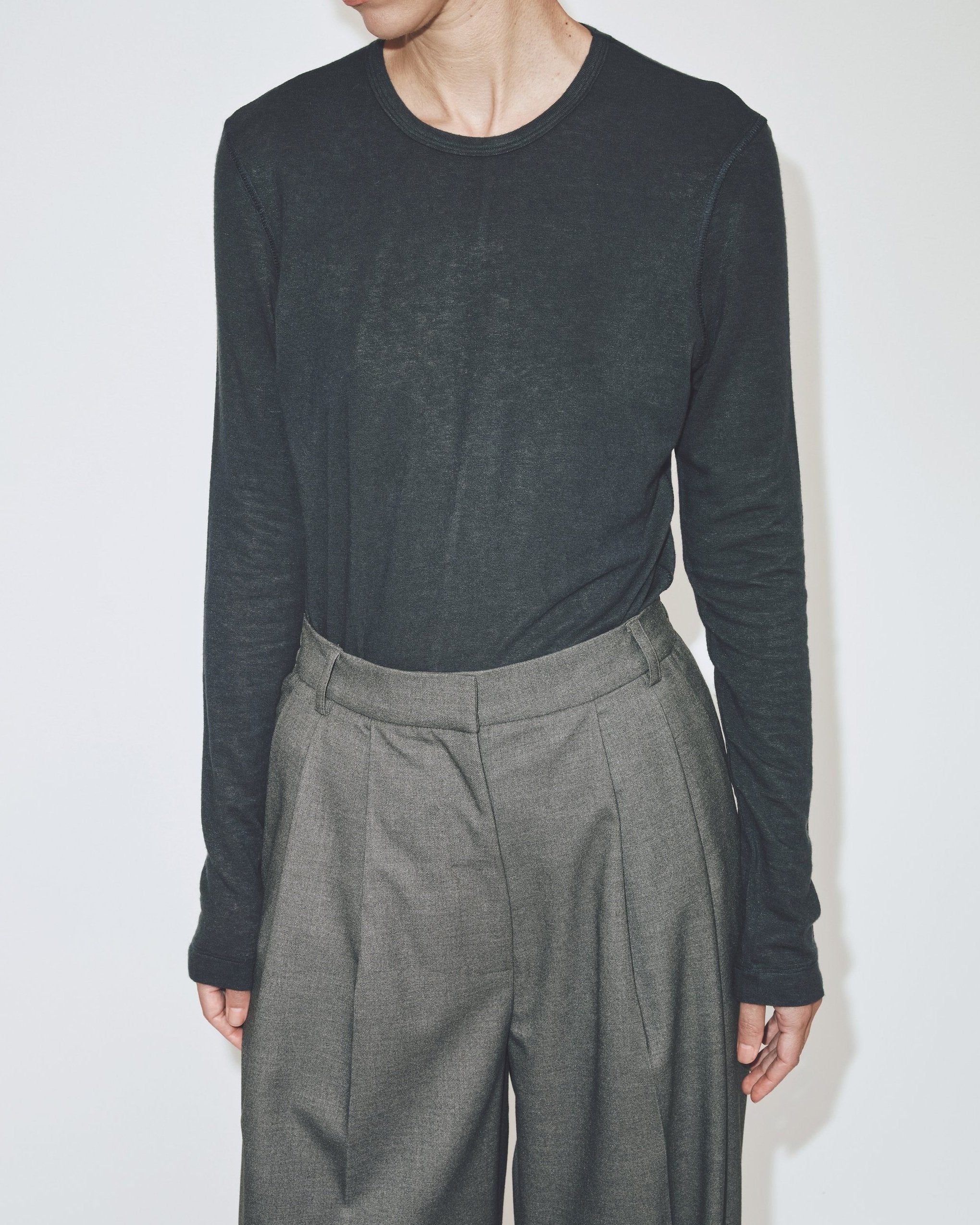 Dark Navy Wool Tencel Crew Neck Top