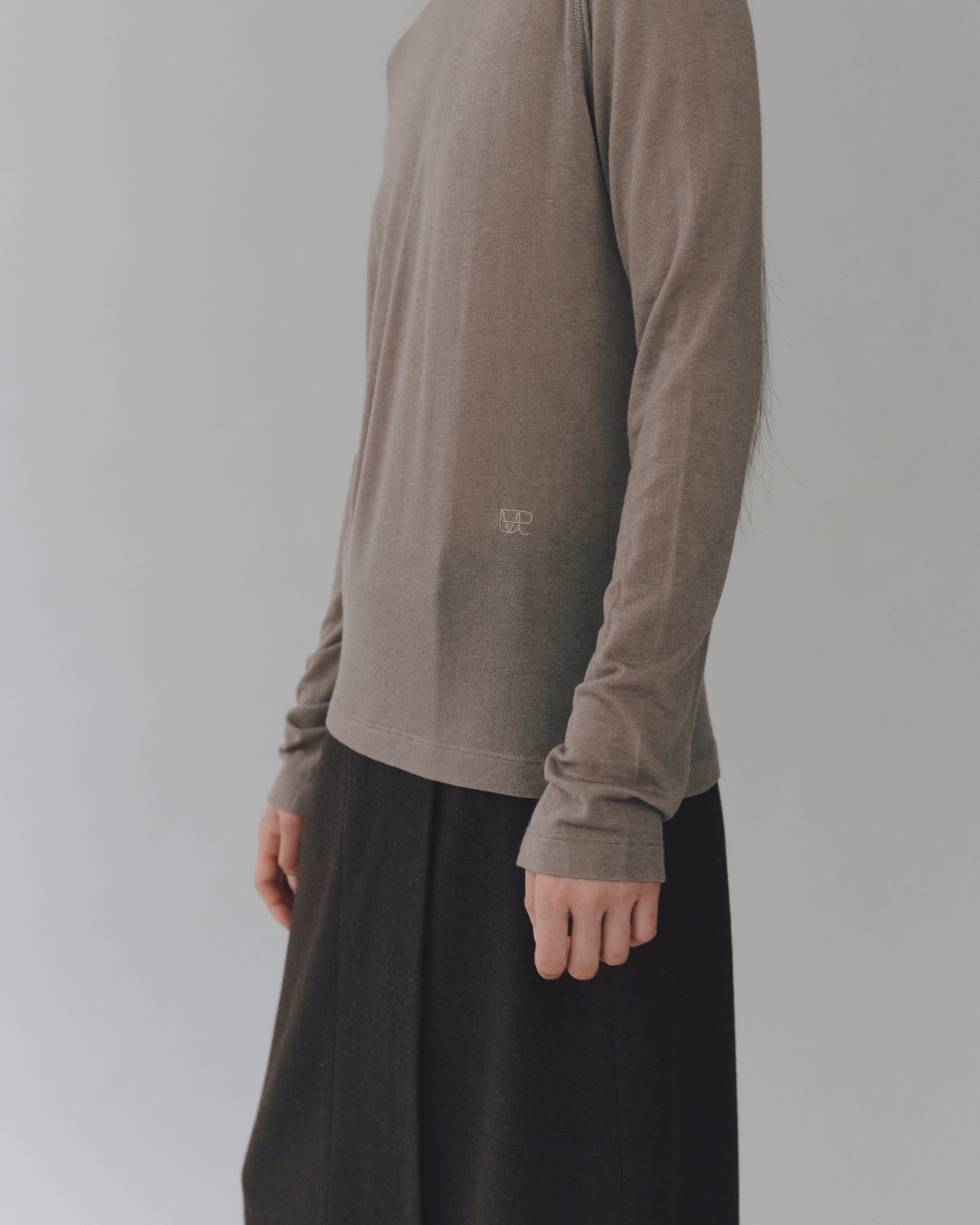 Khaki Wool Tencel Crew Neck Top