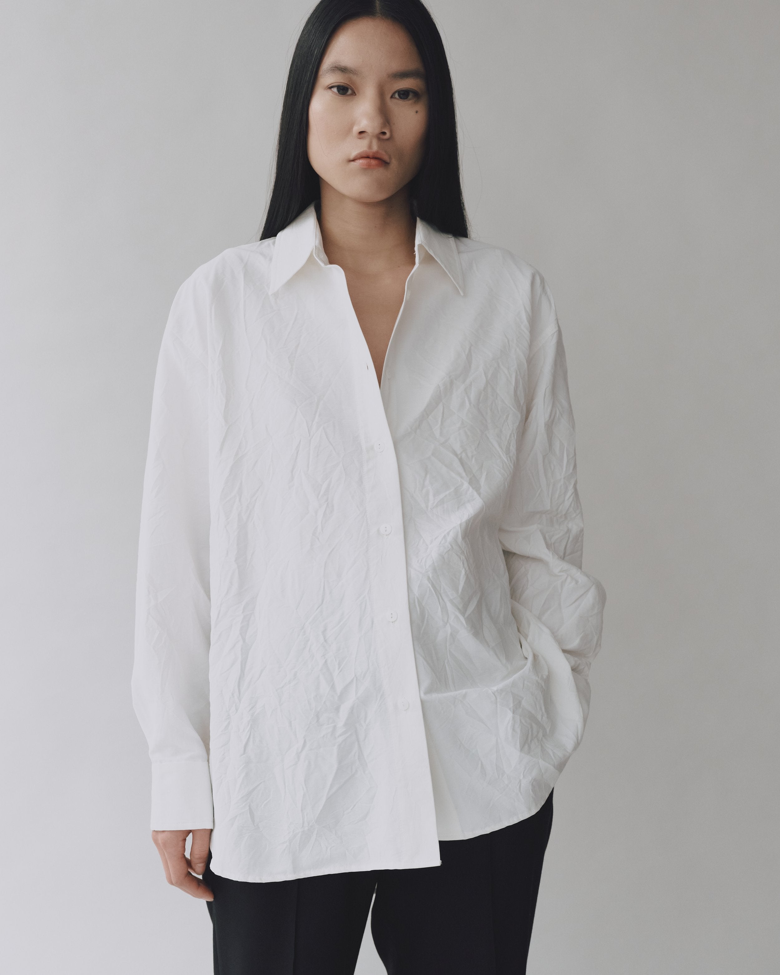 White Crinkle Oversized Button Down Shirt