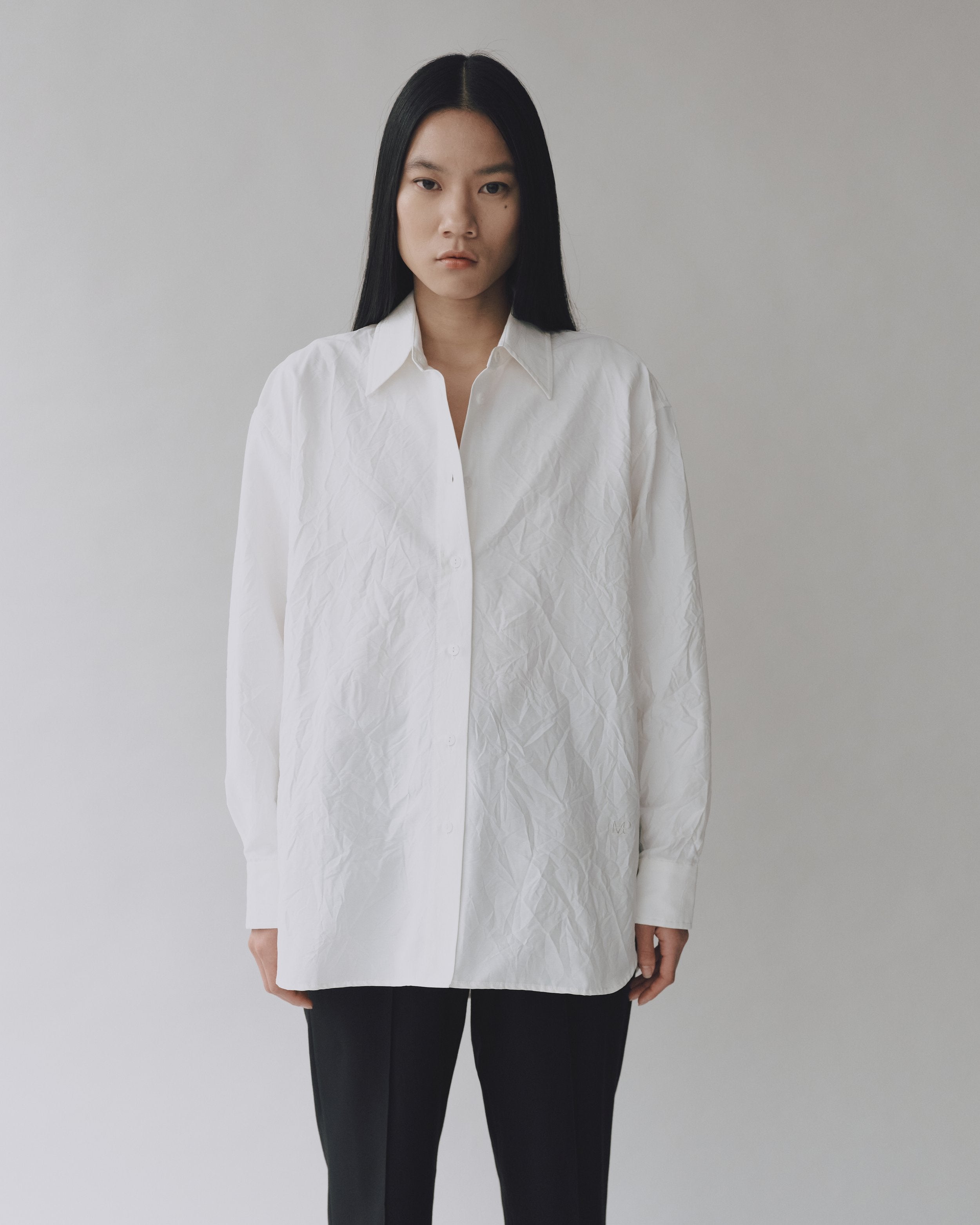 White Crinkle Oversized Button Down Shirt