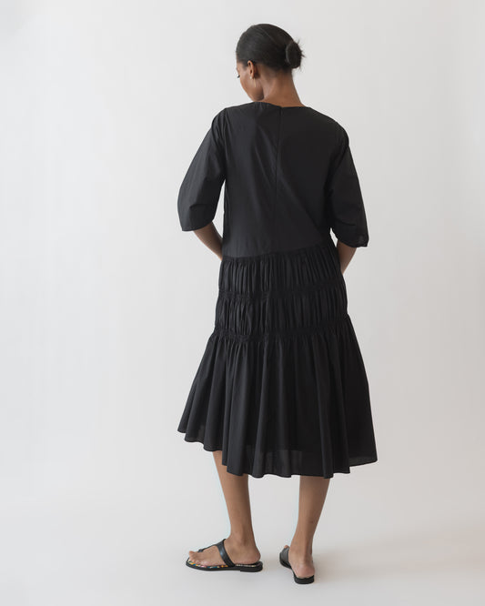 Black Tiered Gathered Midi Dress