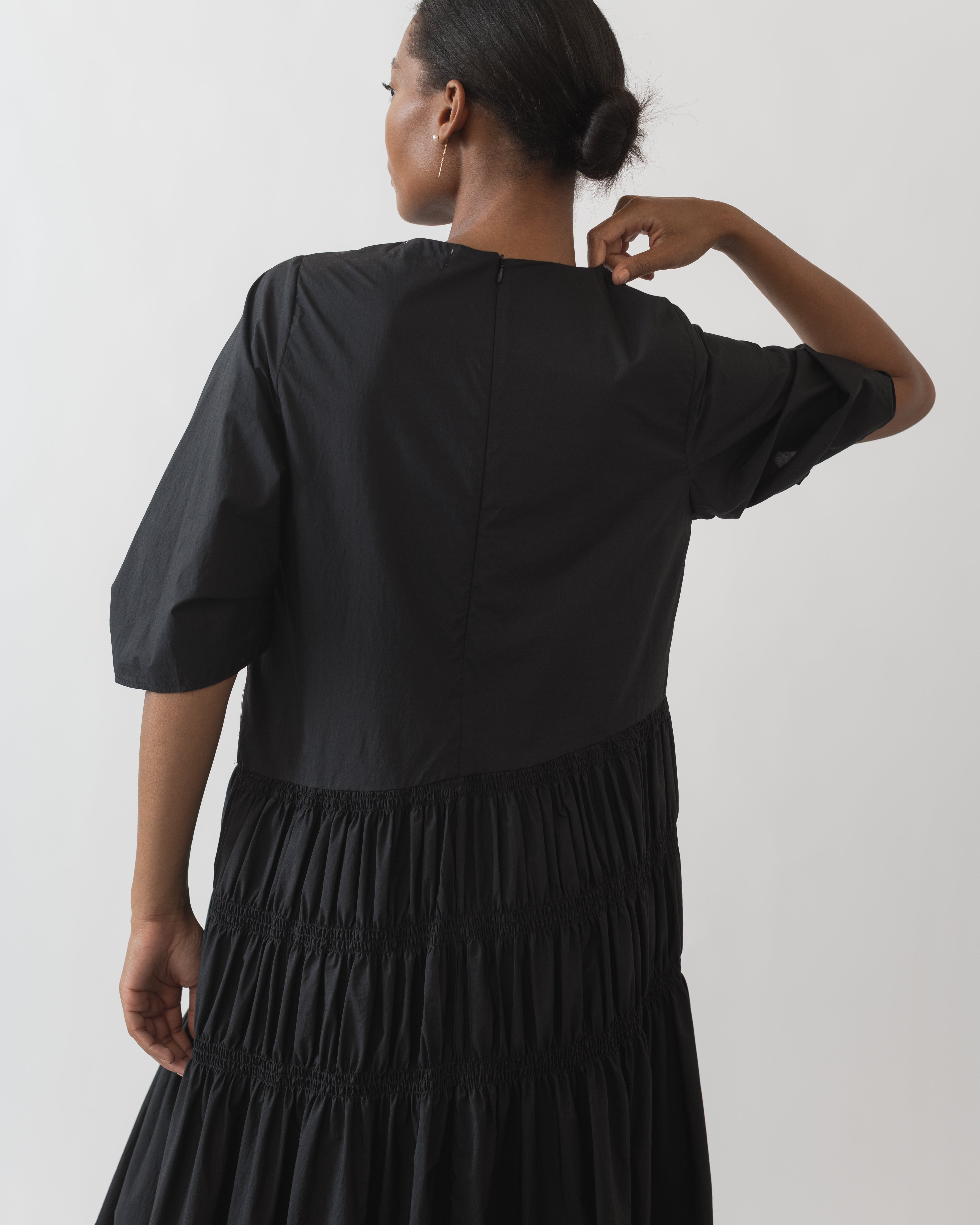 Black Tiered Gathered Midi Dress