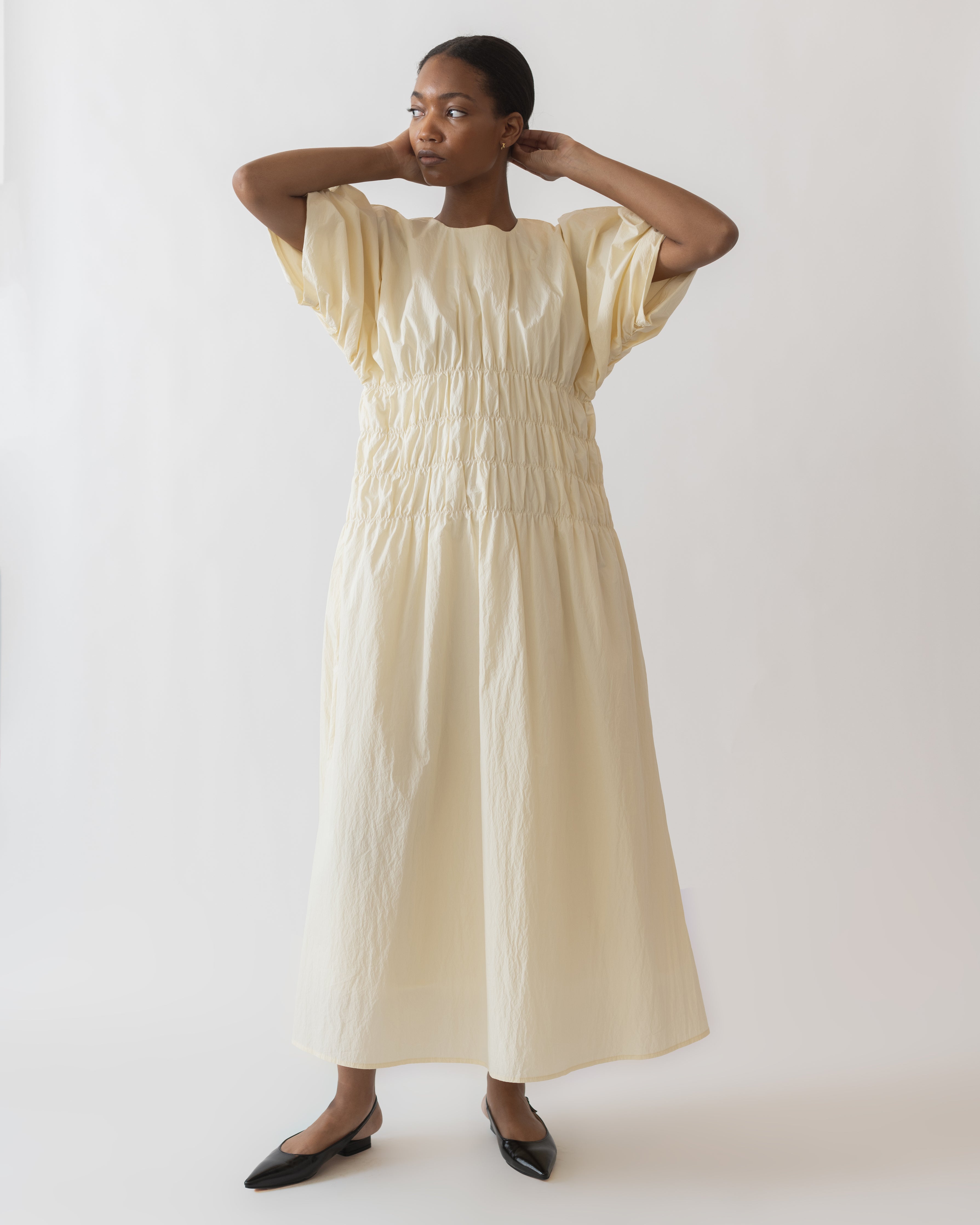 Cream Smocked Puff Sleeve Midi Dress