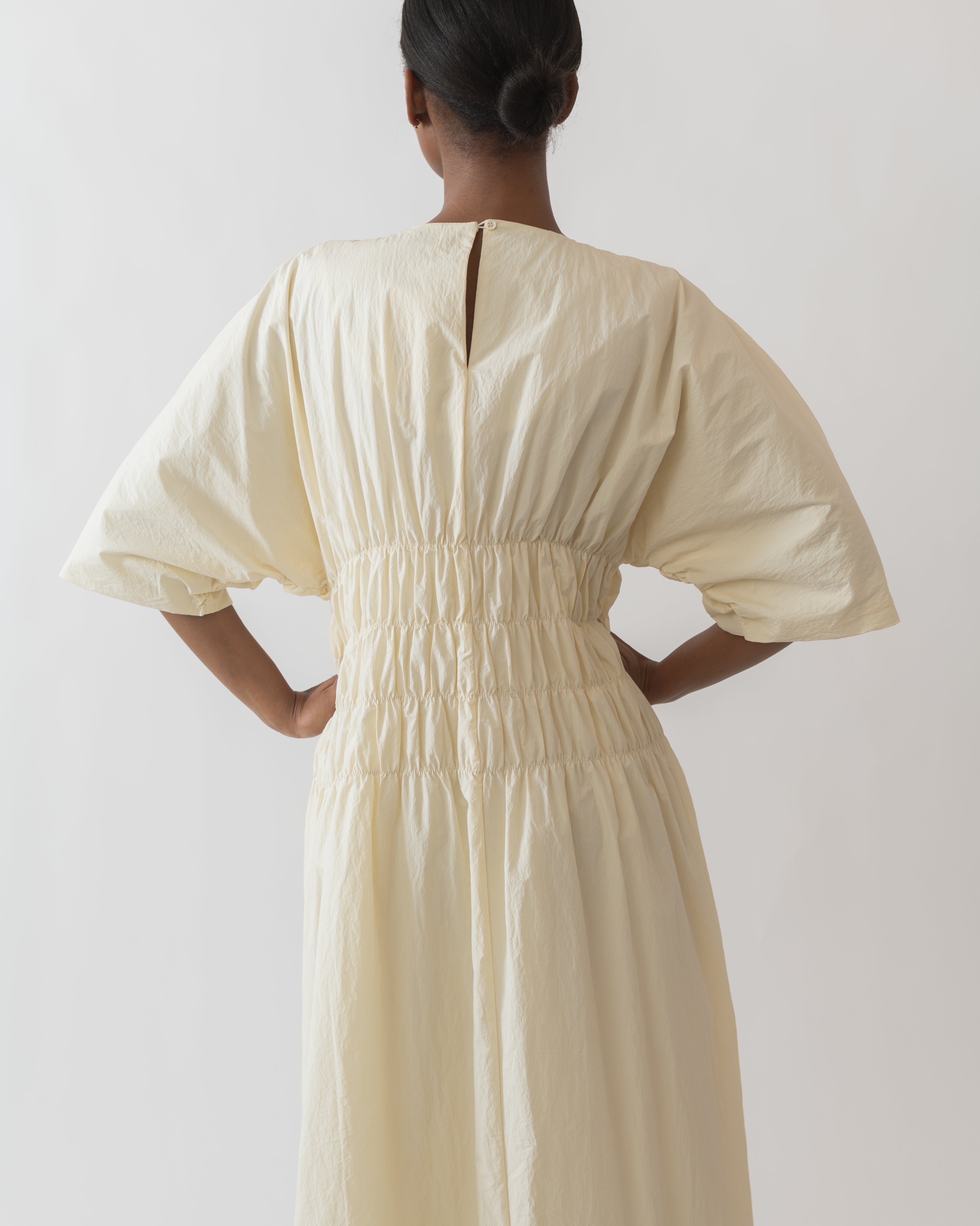 Cream Smocked Puff Sleeve Midi Dress