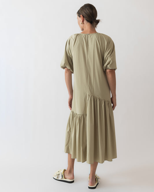 Tan Low Waist Round Sleeve Midi Dress