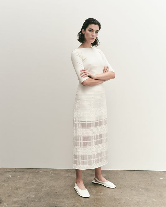 White Plaid Lace Midi Skirt